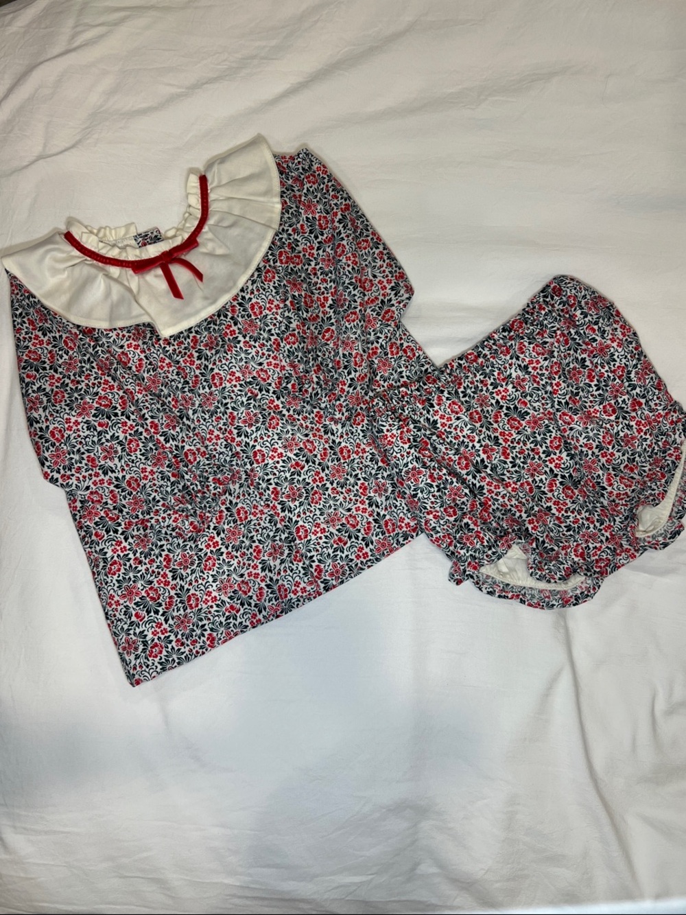 Janie and Jack Red Floral Pajama Set with Cream Ruffle Collar